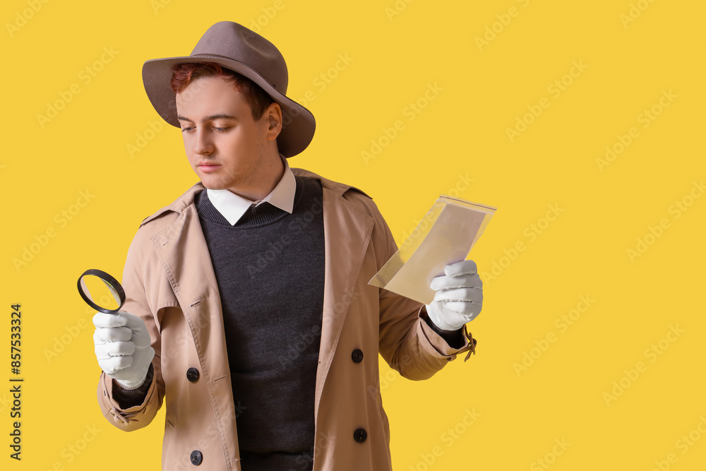 Male spy with magnifier and fingerprints on yellow background