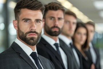 A group of men in suits stand in a line, with one man in the middle of the group, business team concept