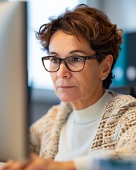 Sticker - A woman wearing glasses is sitting in front of a computer monitor, businesswoman in the office