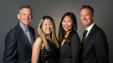 Four people are smiling for the camera, all dressed in suits and ties, business team concept