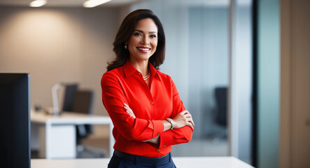 Wall Mural - woman boss in the office wide smile arms crossed office background