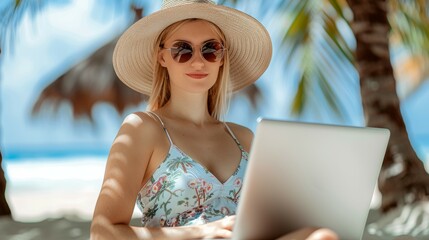 Wall Mural - A woman is sitting on the beach with a laptop in front of her, freelancer working on vacation