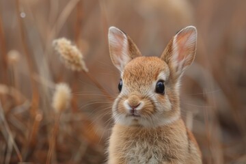 Adorable brown and white rabbit with tall ears sitting in a natural outdoor setting featuring brown grass and soft lighting in the background