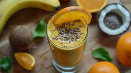 Wall Mural - refreshing orange banana smoothie with chia seeds and coconut on wooden table