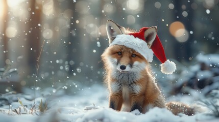 Christmas wallpaper fox wear santa hat in forest in winter during snow falling.