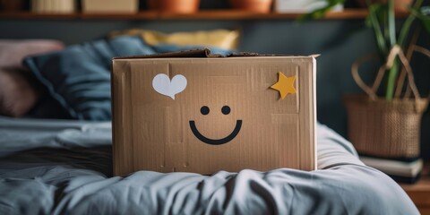 A cardboard box with a smiley face on it is sitting on a bed. The box has two hearts and a star on it.