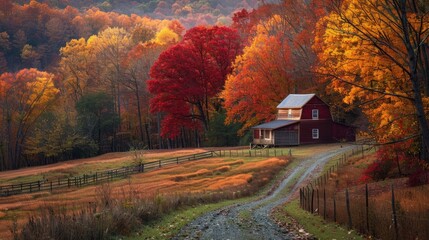 Fall background image. Cozy cabin home in the woods in an inviting scenic autumn setting with trees and red and gold leaves in seasonal colors. Extra space for text copy.