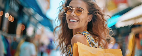 A vibrant image of a woman with wavy hair and sunglasses, carrying shopping bags and smiling joyfully, capturing the excitement of a shopping spree.