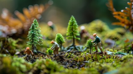 Wall Mural - Tiny figures planting trees on a vibrant mossy landscape showing reforestation efforts