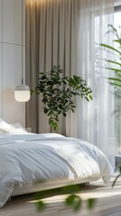 Wall Mural - Cozy modern bedroom with white bedding and indoor plant