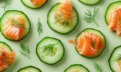 Wall Mural - Cucumber slices topped with smoked salmon and dill on a light green background
