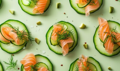 Cucumber slices topped with smoked salmon and dill on a light green background