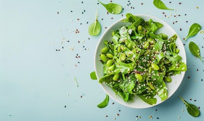 Edamame and seaweed salad with sesame seeds on a light blue background