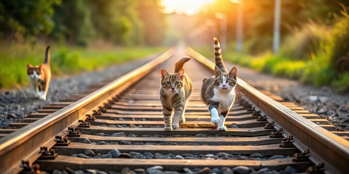 Cats playfully running on a deserted railroad track , cats, feline, playful, running, railroad track, abandoned, outdoor, nature, animals, pets, feral, cute, dynamic, dynamic, movement