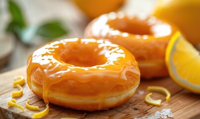 Lemon and coffee donuts with glaze on a light wooden background