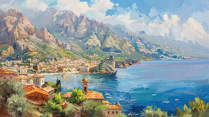 Wall Mural - Oil Painting of a Mediterranean Village, Majestic Mountains, and Summer Bliss