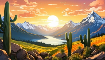 Sticker - painting style illustration of beautiful nature landscape of rural countryside of southeast