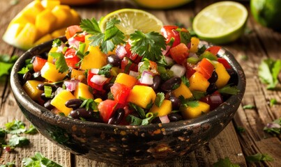 Wall Mural - Mango and black bean salsa with lime on a light wooden background