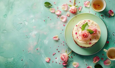 Persian love cake with rosewater on a light green background