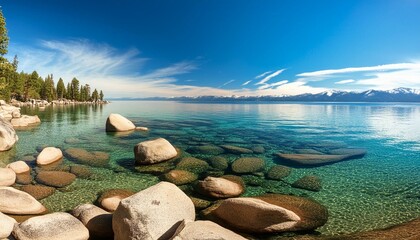 Wall Mural - lake tahoe rocky shoreline in sunny day beach with blue sky over clear transparent water