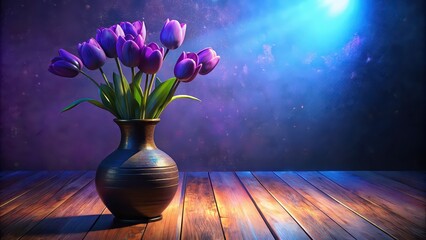 Purple tulips in a glass vase on a wooden table against a white wall with copy space no people , Spring flowers, purple tulips, glass vase, wooden table, white wall, holiday celebration