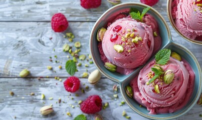 Wall Mural - Pistachio and raspberry sorbet on a light wooden background