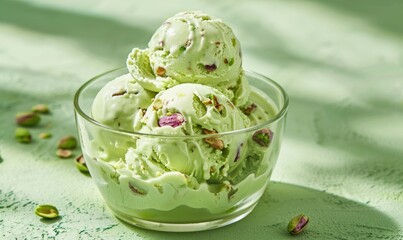 Wall Mural - Pistachio ice cream in a glass bowl on a light green background