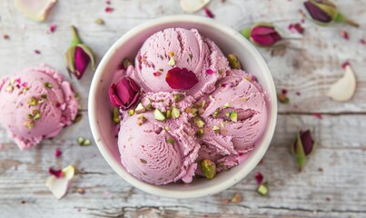 Wall Mural - Rose petal gelato with pistachio topping on a light wooden background