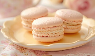Wall Mural - Rose-flavored macarons on a pastel yellow plate