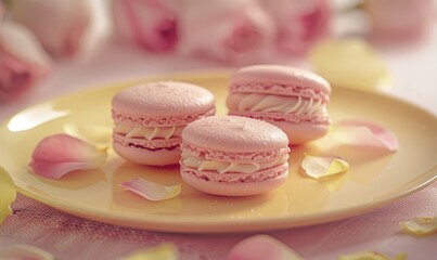 Wall Mural - Rose-flavored macarons on a pastel yellow plate