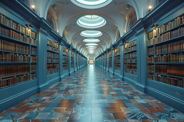 Wall Mural - A serene library filled with rows of books, representing knowledge and peace. Concept of education and quiet reflection. Generative Ai.