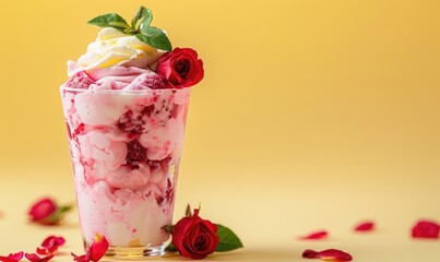 Wall Mural - Rose-flavored yogurt parfait with rose syrup on a light yellow background