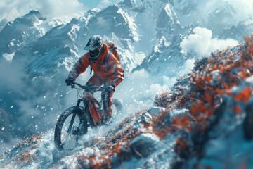 Sticker - A cyclist racing down a mountain trail, capturing adrenaline and adventure. Concept of outdoor sports and thrill-seeking. Generative Ai.