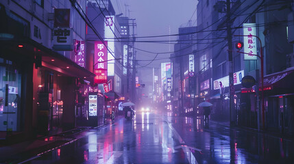 Wall Mural - Cyberpunk japanese streets, asian street illustration, futuristic city, dystoptic artwork at night, 4k wallpaper. Rain foggy, moody empty future.