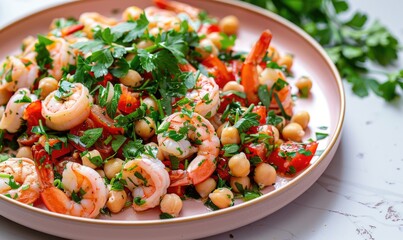 Wall Mural - Shrimp and chickpea salad with parsley on a pastel pink plate