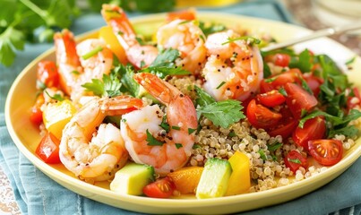 Wall Mural - Shrimp and quinoa bowl with vegetables on a pastel yellow plate