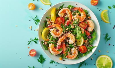 Wall Mural - Shrimp and quinoa salad with citrus dressing on a light blue background