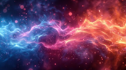 An abstract depiction of a vibrant wave of multicolored glowing particles, dynamically swirling against a dark background, representing energy, flow, and creativity in modern digital art.