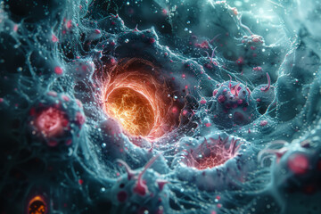 Poster - a microscopic view of a single cell dividing, showcasing the complexity of life. concept of biology 