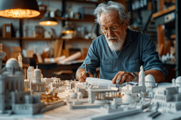 Poster - an architect reviewing blueprints, symbolizing design and planning. concept of construction and crea