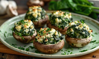 Canvas Print - Spinach and feta stuffed mushrooms on a pastel green plate