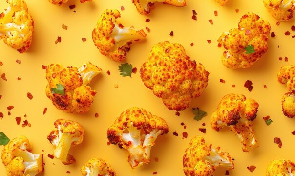 Spicy roasted cauliflower bites on a light yellow background