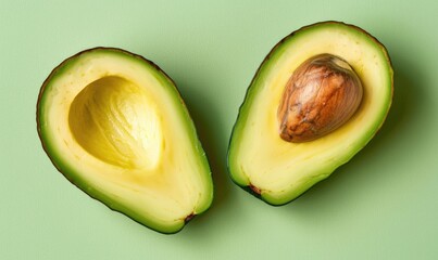 Wall Mural - Whole and halved avocado with pit on a pastel green background
