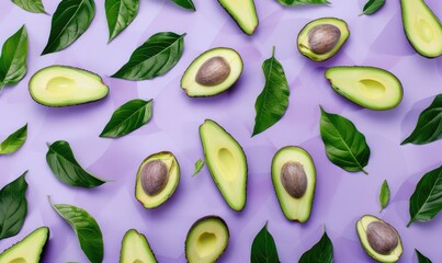 Poster - Whole avocado and slices with leaves on a pastel purple background