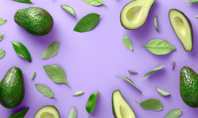 Wall Mural - Whole avocado and slices with leaves on a pastel purple background