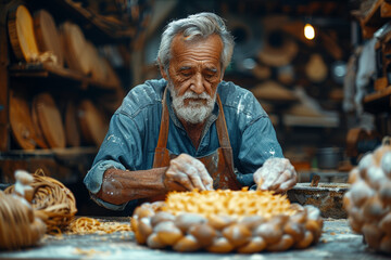 Wall Mural - A craftsman making a wooden chair, highlighting traditional skills. Concept of woodworking and artistry. Generative Ai.