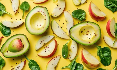 Wall Mural - Avocado and apple salad on a light yellow background, fruit pattern
