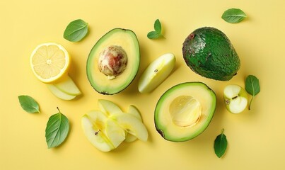 Wall Mural - Avocado and apple salad on a light yellow background, fruit pattern