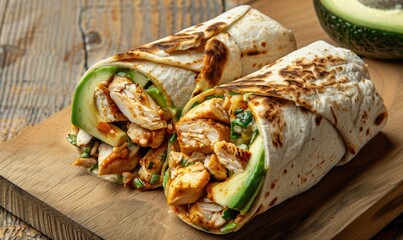 Wall Mural - Avocado and chicken wrap on a light wooden background