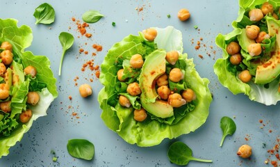 Wall Mural - Avocado and chickpea salad in lettuce cups on a light blue background